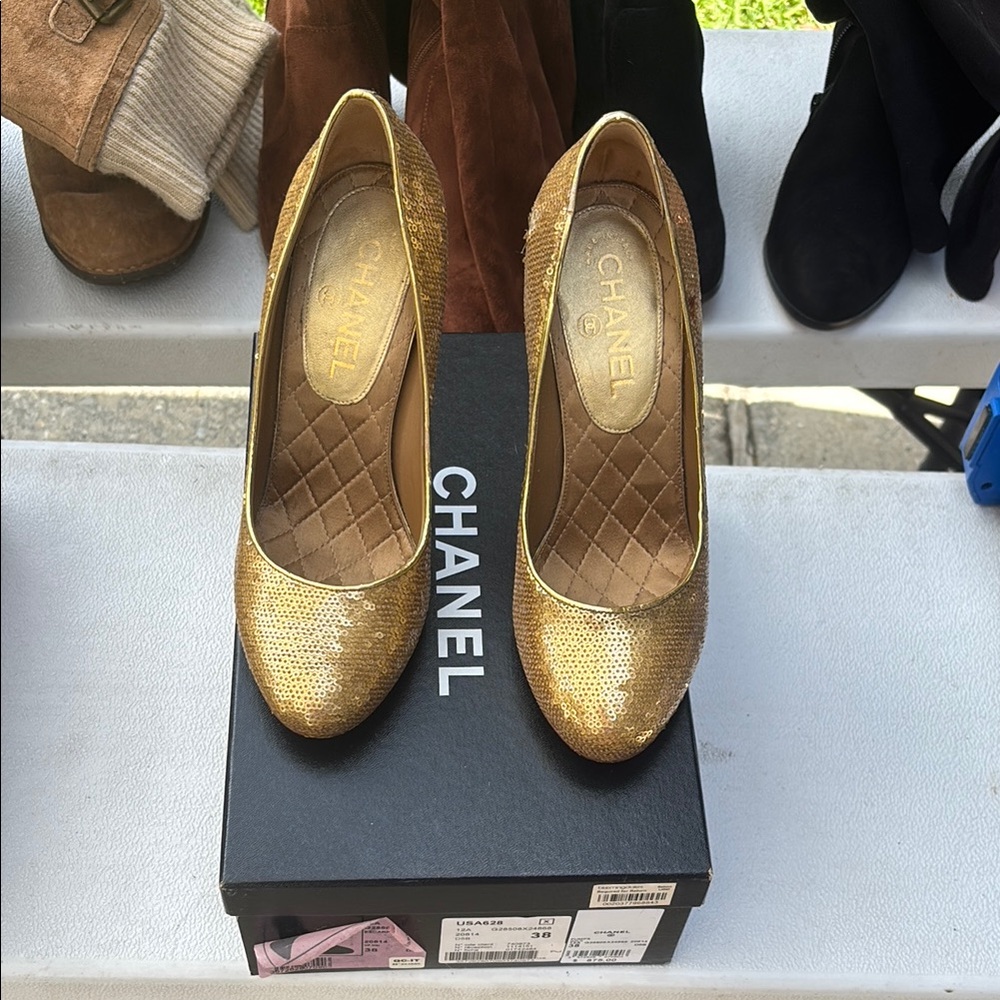 CHANEL Gold Sequin Heels for Elegant Occasions